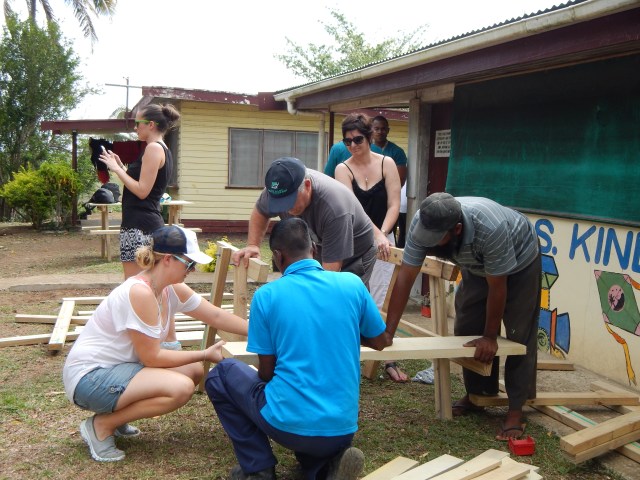 Assembling tables for outside lessons.